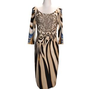 Nueva Animal Print Midi Dress Womens 10 Tan Black Abstract Tiger V-Back Cocktail